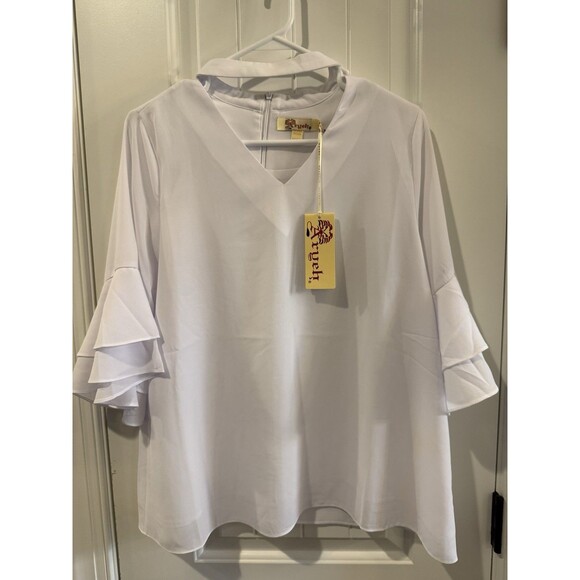 Aryeh Tops - Aryeh Womens M White Solid Choker Top Blouse Ruffle Keyhole 3/4 Sleeve TP-Y-690